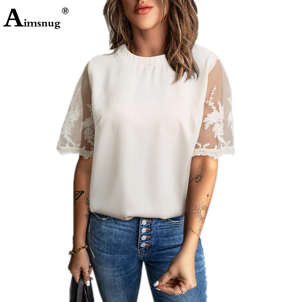 Plus Size 3xl Women O-neck T-shirt Female Basic Top Short Sleeve Casual Pullovers 2022 Summer New Patchwork Lace Shirts Clothing