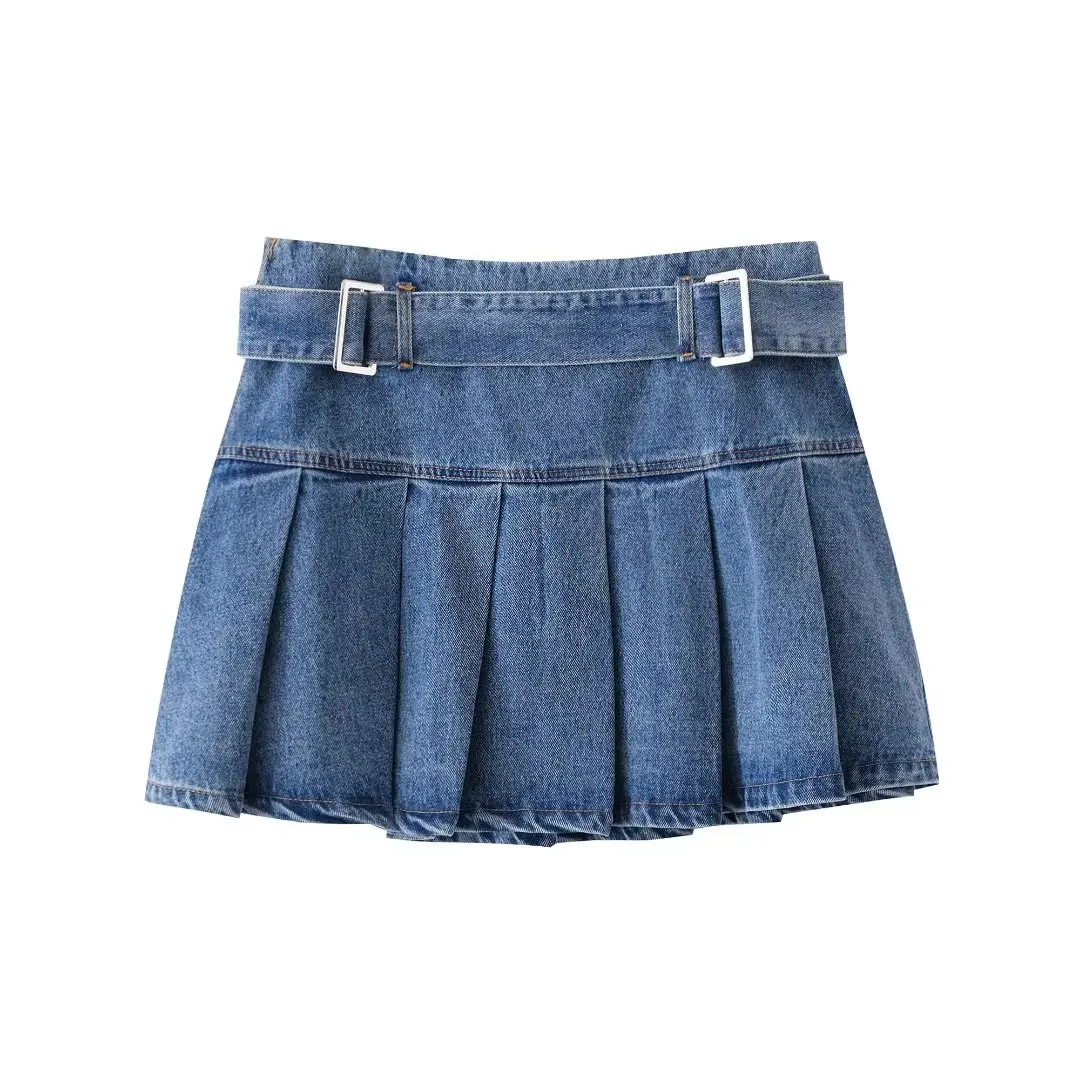 

Women 2023 New Chic Fashion Summer Blue Belt Decorate Cowboy Hundred Crease Mini Skirt Vintage Female Skirts Mujer