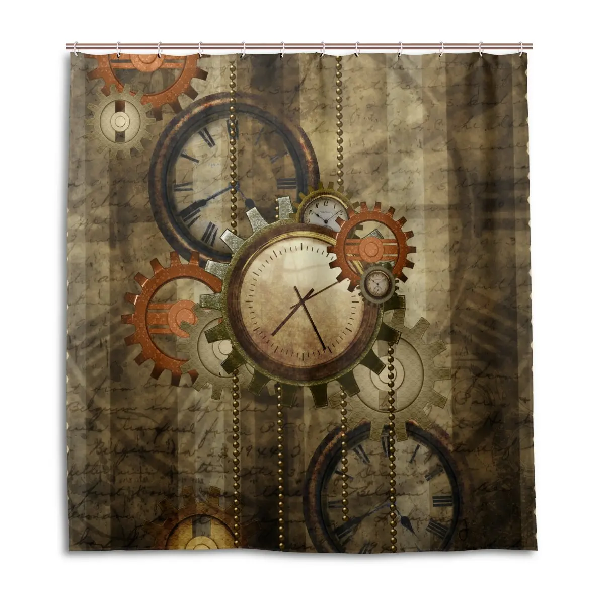 

Retro Steampunk Clocks and Gears Shower Curtain Mechanical Clocks Details Over Old Metal Cloth Fabric Bathroom Curtain with hook
