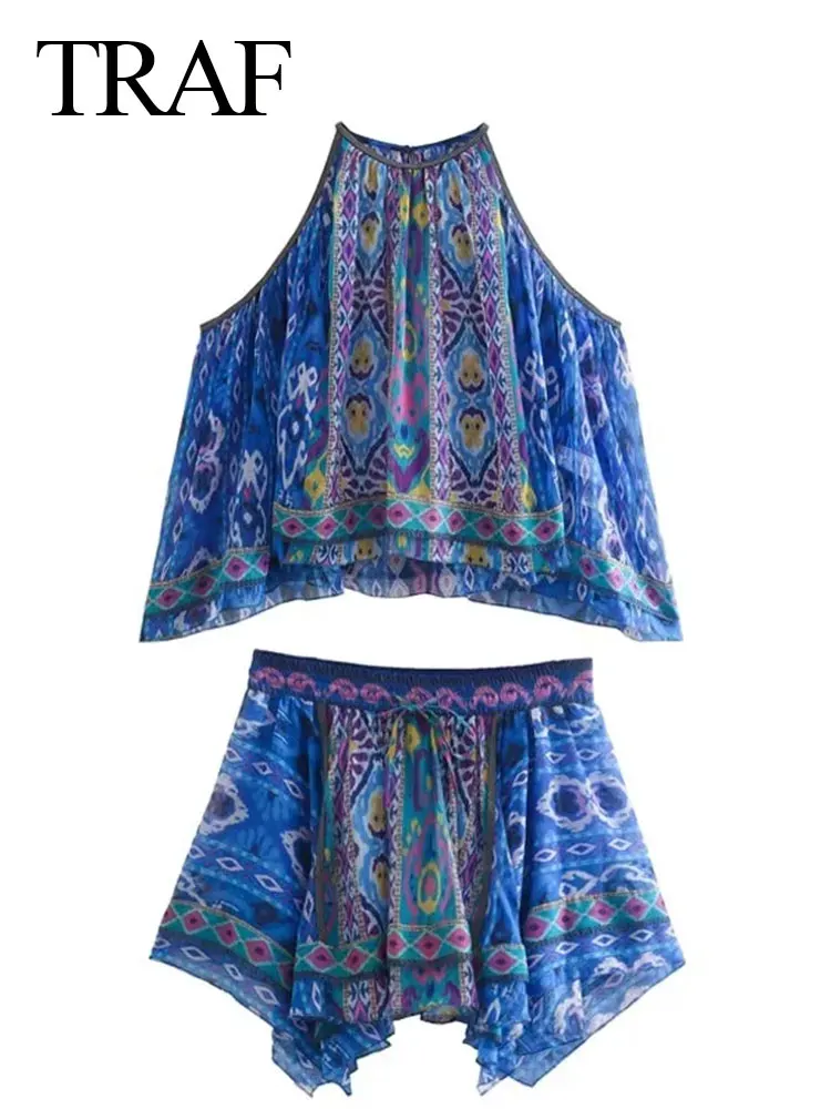 

TRAF Halter Neck Print Blue Top Sleeveless Loose Trend Satin Vest + Chiffon Wrinkled Skirt Drawstring Elastic Skirt 2 Piece Set