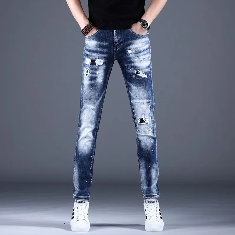 Summer Ripped Jeans Men Casual Lightweight Blue Pants Patch Jean Streetwear Fashion Slim Fit Denim Trousers