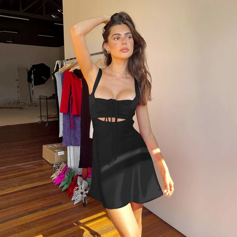 

Summer Sexy Hollow Out Satin Mini Dress For Female Elegant Fashion Backless Sleeveless Dresses Bandage Party Club