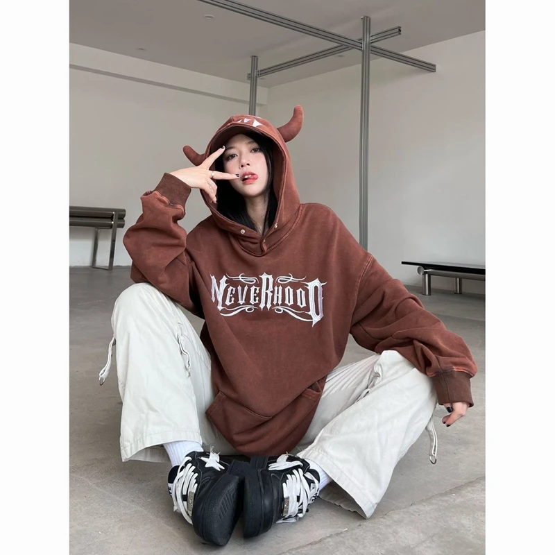 Kpop Fashion Women's Embroidery Hoodie Harajuku Y2K 3D Horn Kawaii Flocking Letter Loose Versatile Punk Couple Streetwear