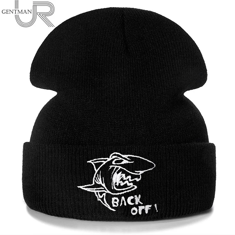 

New Shark Back Off Embroidery Casual Winter Hats For Men Women Warm Knitted Hat Solid Color Strtwear Beanie Hat Unisex Ski Hat