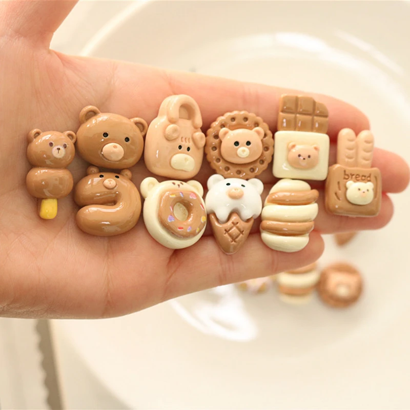 

10 Pcs New Cute Mini Cartoon Chocolate, Bread, Bear Flat Back Resin Cabochon DIY Jewelry Hairpin Craft Decoration Accessories