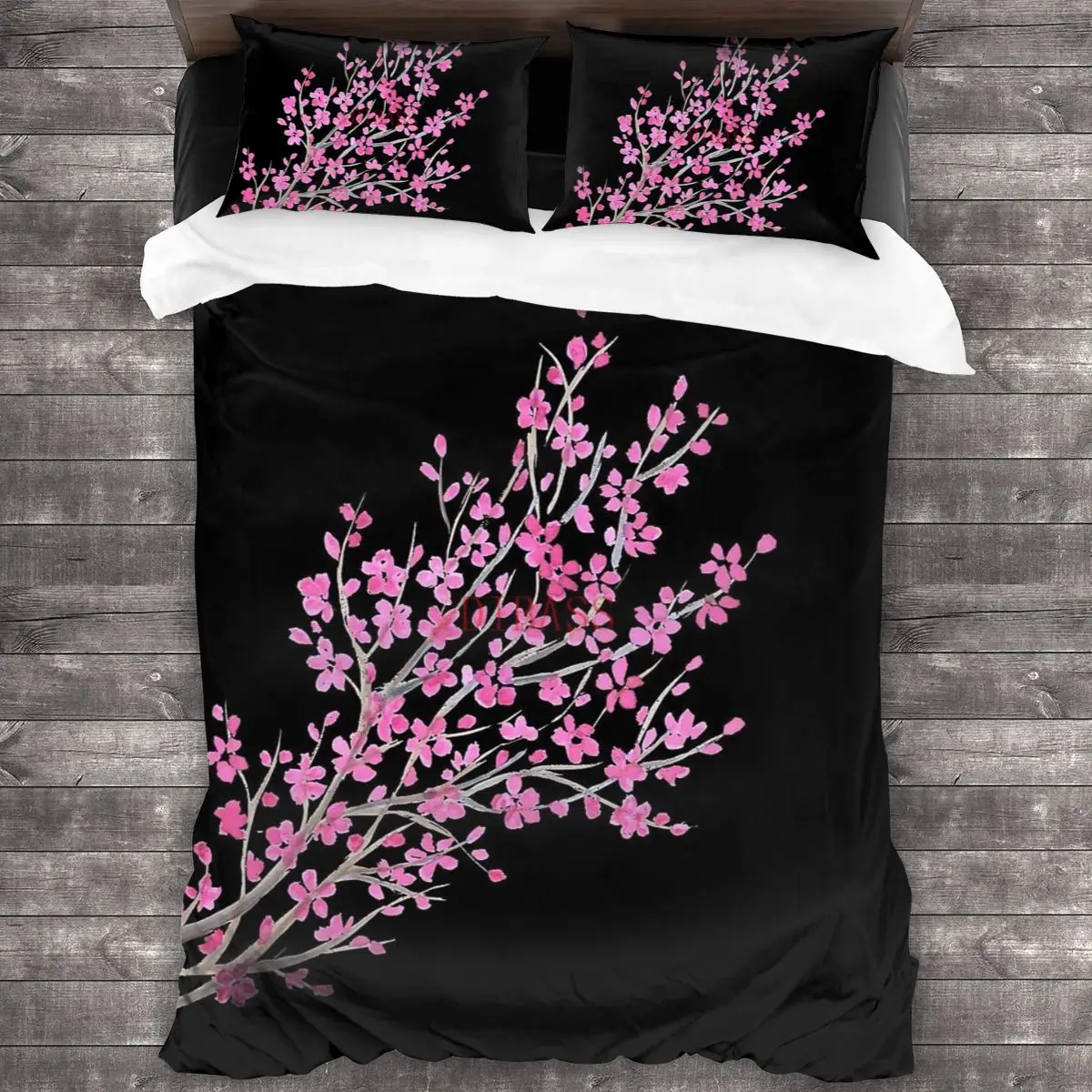 

Sakura Watercolor On Black Background Soft Microfiber Comforter Set with 2 Pillowcase Quilt Cover With Zipper Closure