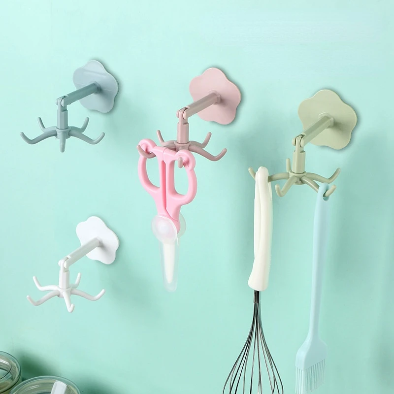 

Strong sticky hook 360-degree rotatable hook five-claw wall hanging free punch bathroom kitchen sticky hook organizer shelf
