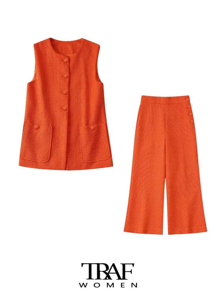 

TRAF Women Fashion With Pocket Tweed Waistcoat And High Waist Side Buttons Calf-Length Pants Female Two Piece Sets Mujer