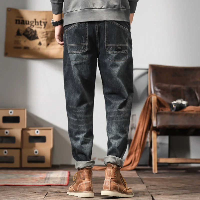 Men Clothing New Pattern Recreational Vintage Bluish Grey Jeans Splicing Straight Cylinder Loose Street Trousers Autumn Female