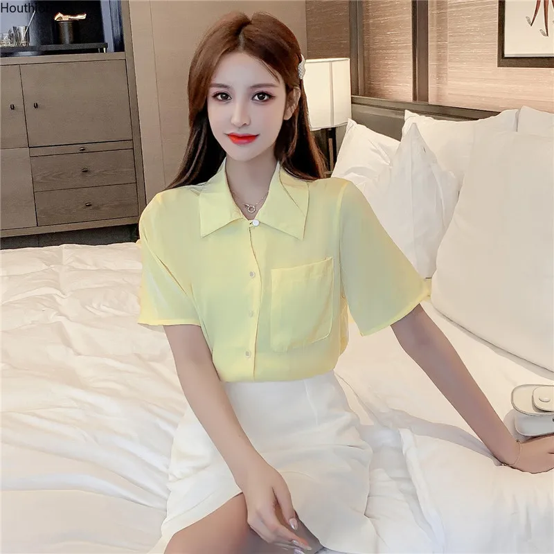 

Chiffon Women's Blouse New Short Sleeve Button Top Solid Pocket Polo Shirt Summer Fashion Clothing Houthion