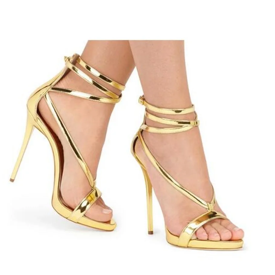 2022 Woman Strappy Gold Siver Color Sandals Thin High Heels Summer Shoes with 10Cm Stilettos Heel Sandals