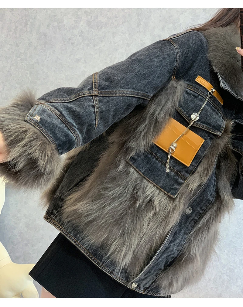 Winter Jacket Women 2022 New Fox Fur Collar Cowboy Stitching Loose Cotton Coats Famale Clothing Thick Warm Zippers Padded Parkas