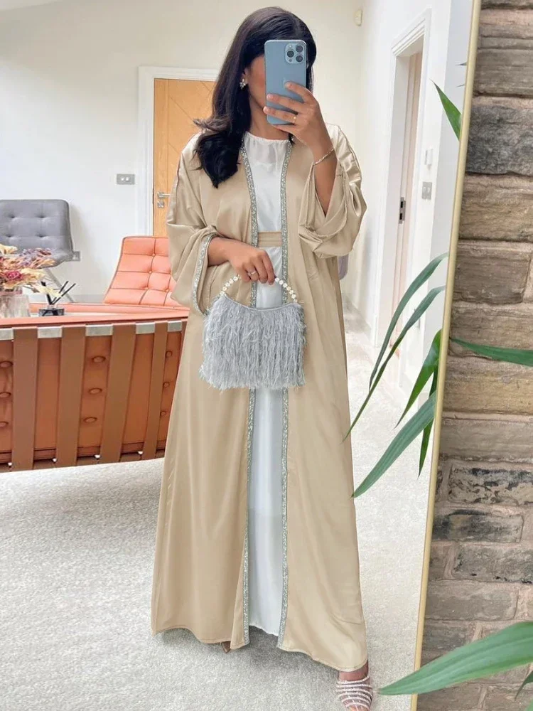 Modest Satin Abaya Kimono Muslim Party Dress Diamond Abayas for Women Dubai Luxury Turkey Outwear Islam Kaftan Femme Musulmane