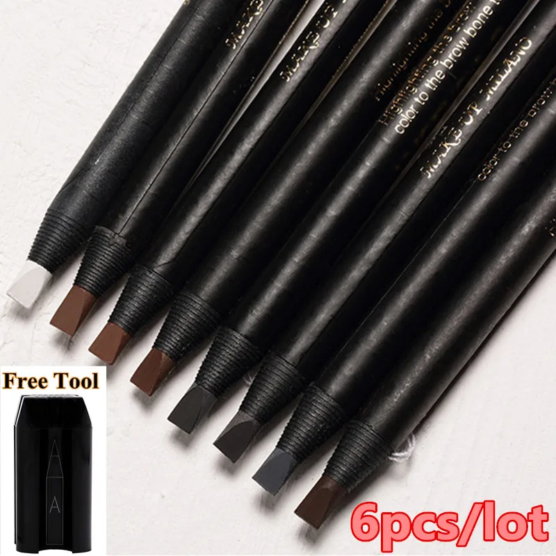

6pcs/lot White Eyebrow Pencil Free 4In1 Microblading Sharpener Eyeshadow White Long-Lasting Tattoo Eyebrows Brush Tool
