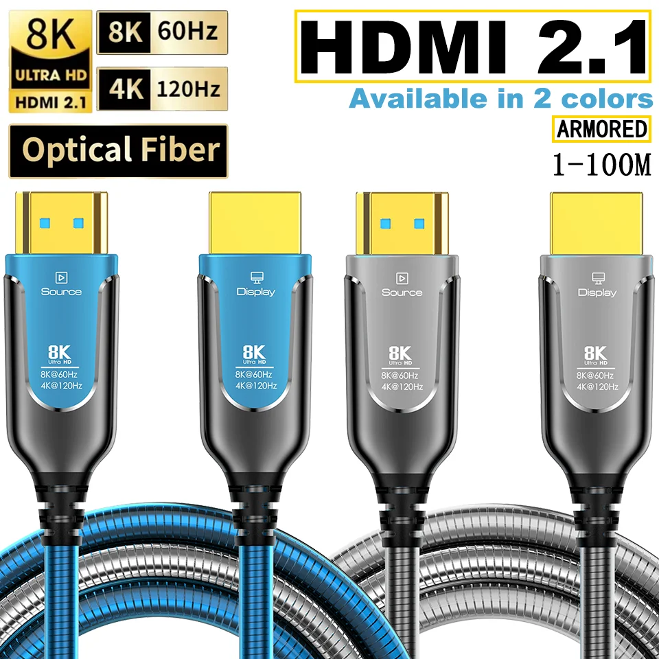 Фото Бронированный оптоволоконный кабель HDMI 2.1 8K 5/10/20/30/50 м, 8K@60 Гц, 4K@120 Гц, 48 Гбит/с, HDR, eARC для телевизора/проектора/PS5/Apple TV, домашнего кинотеатра №1