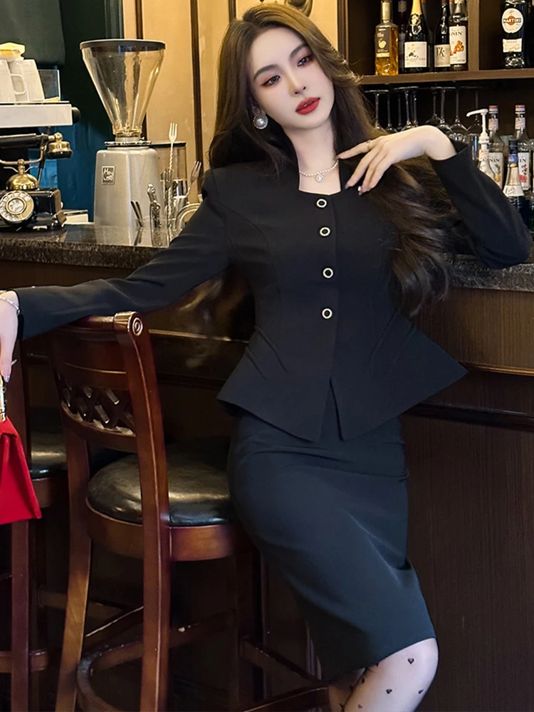 New High Quality 2 Pieces Outfit Suits Women Black Temperament Formal Chic Tops Coat Blazer Suit Waist Midi Skirt Slim Sets