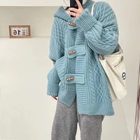 winter woman hooded cardigan sweater solid color casua loose midi knit top coat female thick warm horn button cardigan sweater