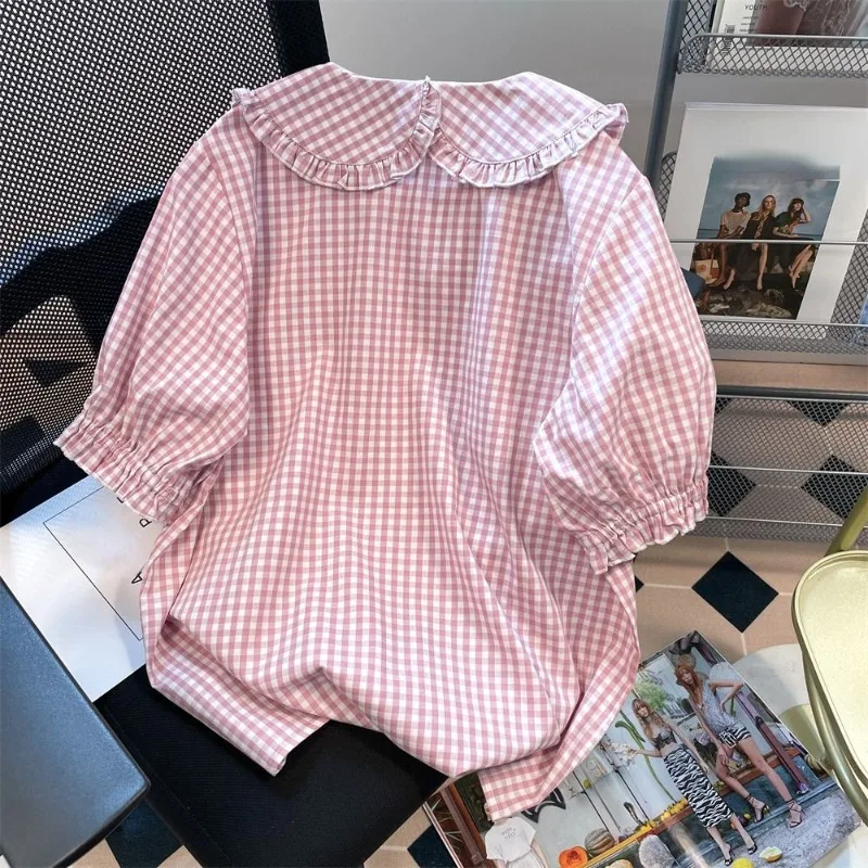 Японская милая блузка в клетку с мультяшной вышивкой и оборками однобортные