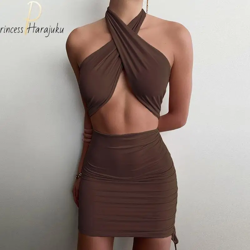 

Пикантное однотонное облегающее мини-платье Y2k с открытой спиной, рюшами и лямкой на шее, элегантное коричневое короткое вечернее Клубное п...