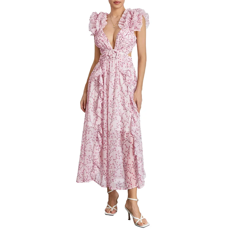 

Летнее вечернее платье с оборками, без рукавов, женское цветочное Бандажное платье с V-образным вырезом и открытой спиной, платье с высокой талией и разрезом, Пляжная уличная одежда