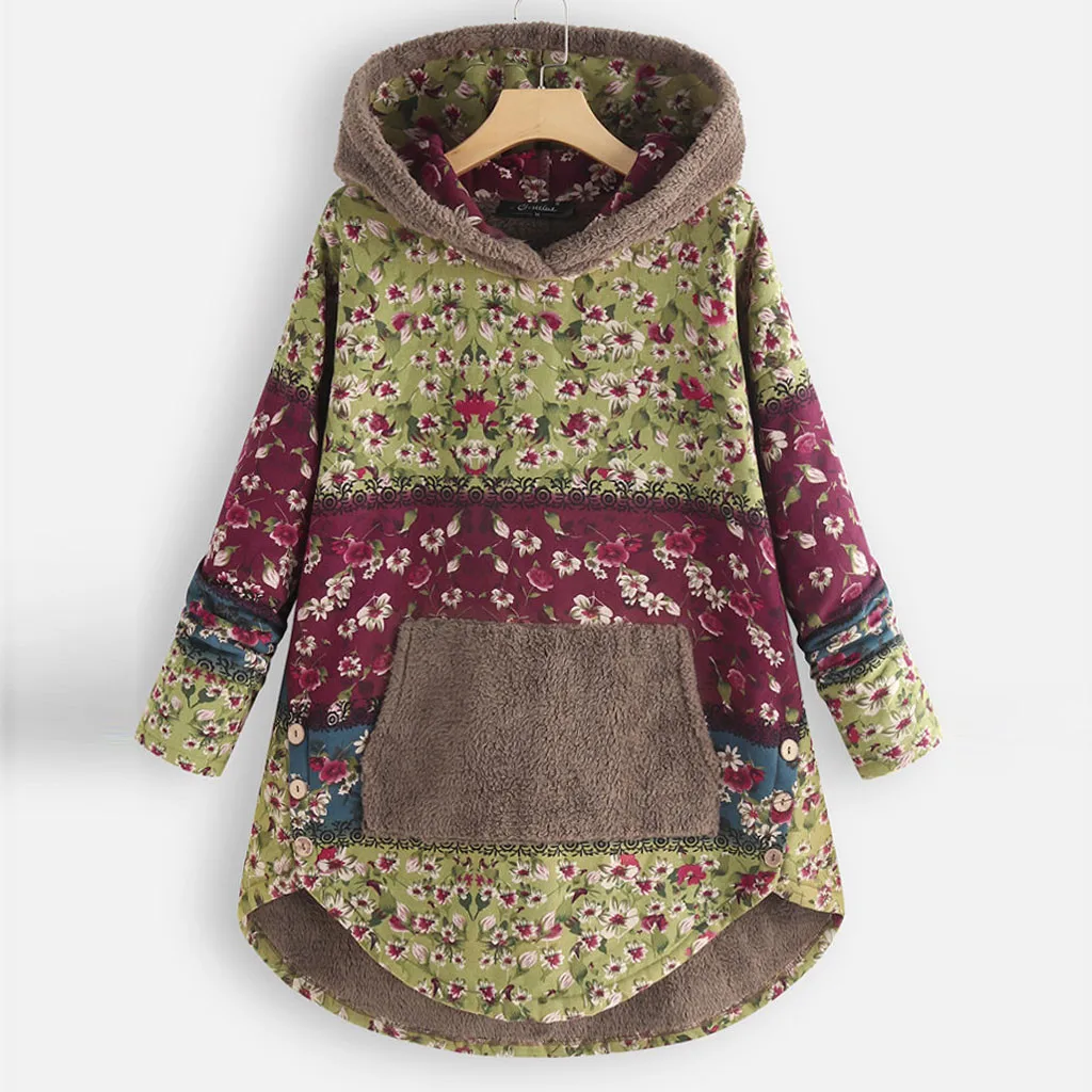 

Women Fleece Patchwork Floral Print Long Sleeve Pockets Hoodie Top