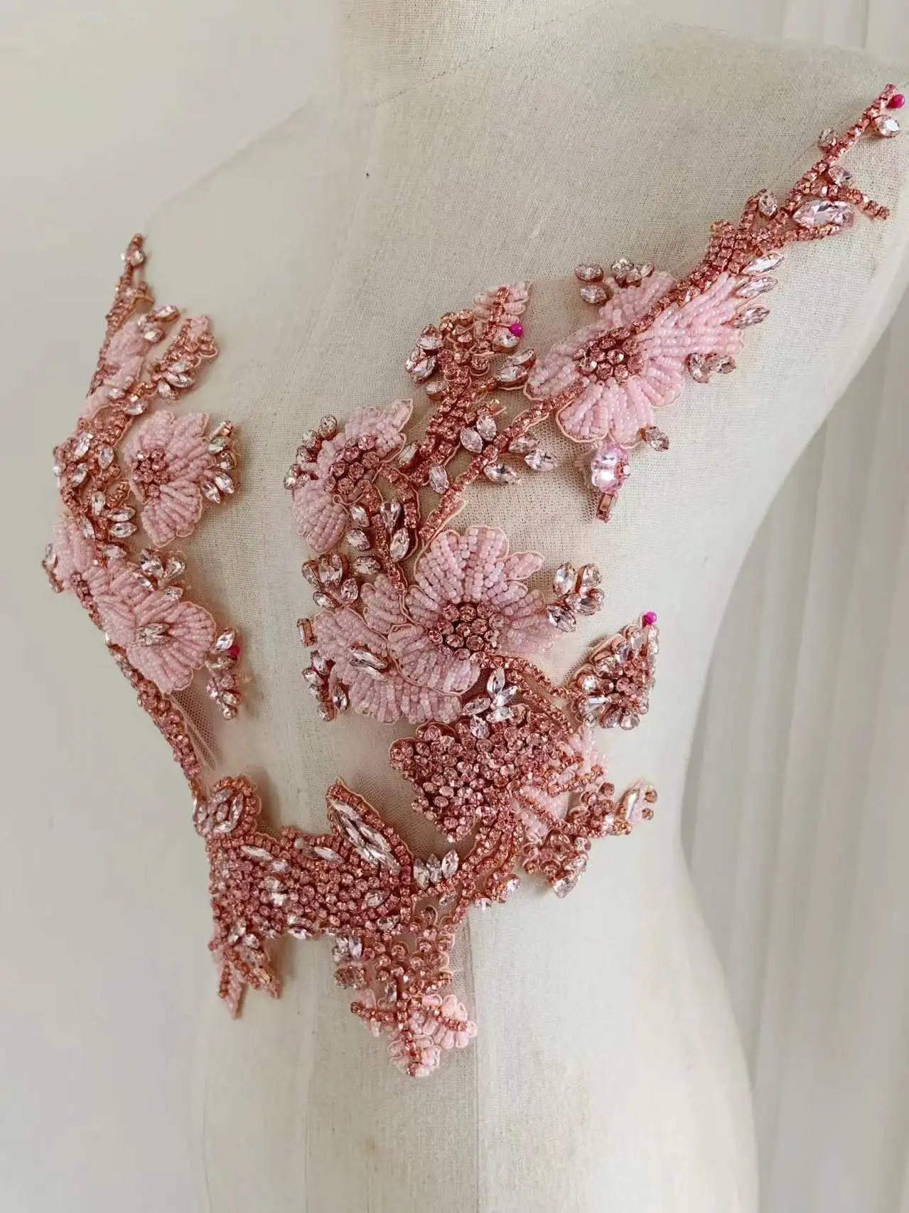 1 Pair Pink Floral Bodice Patch French Bead Applique,Fashion Heavy Rhinestone for Couture,Wedding,Dress,Silver Dance Costume