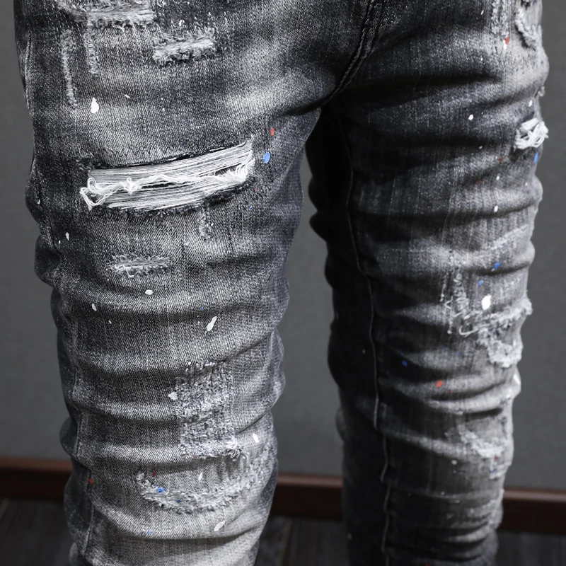 Модные дизайнерские мужские черные серые джинсы потертые эластичные облегающие