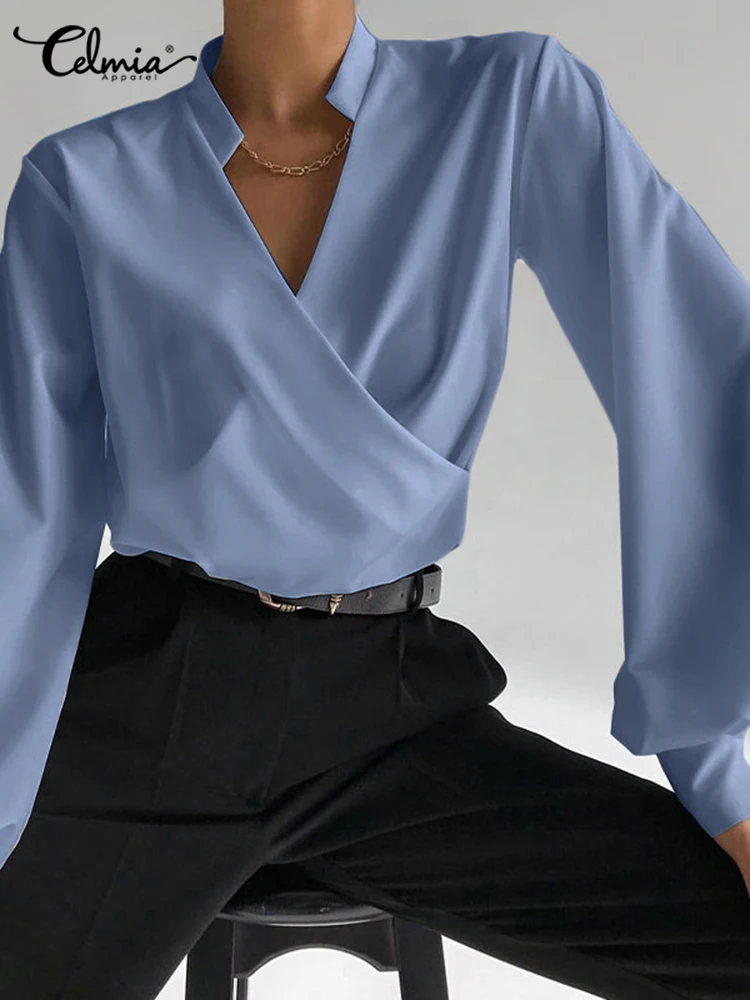 

Celmia Elegant Blouse 2023 Summer Tunic Women Sexy V Neck Long Lantern Sleeve Shirts Solid Casual Irregular Hem Top Blusas Femme