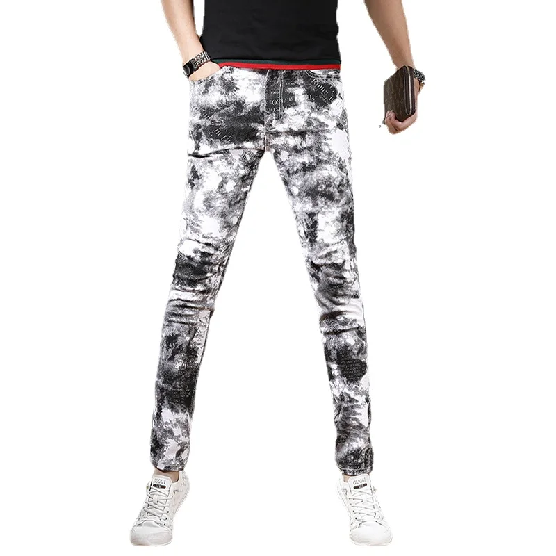 Autumn Men Fashion Printed White Jeans Streetwear Casual Slim Fit Straight Pants Korean Style Digital Printing Denim Trousers