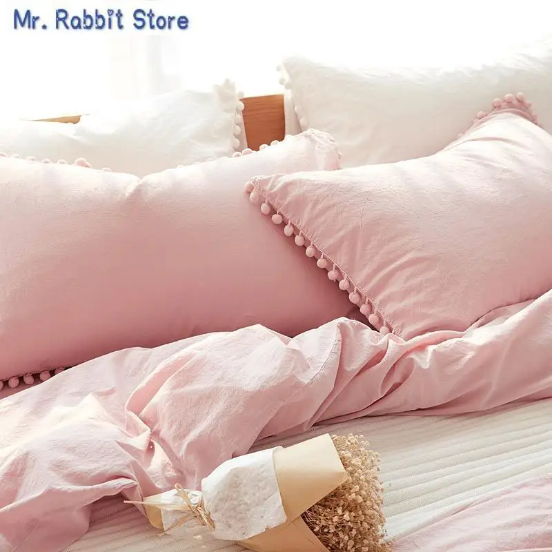 

Белый и розовый комплект постельного белья, комплект постельного белья Queen Kawaii, с потертым шариком, комплект пододеяльника