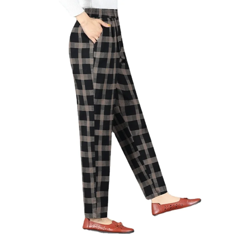 

Mother Wear Women's Pant plus size high waist casual stretch Thicked washed Long Trousers cotton linen Plaid Print multi color