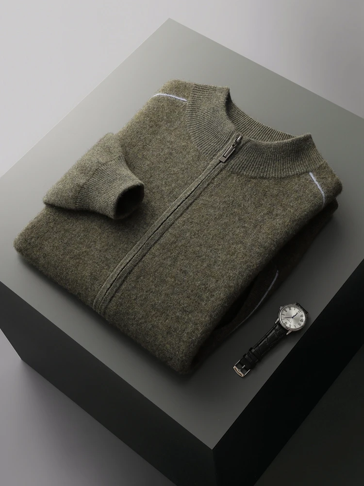 Мужской 100% кашемировый свитер на молнии кардиган с воротником-стойкой и длинным