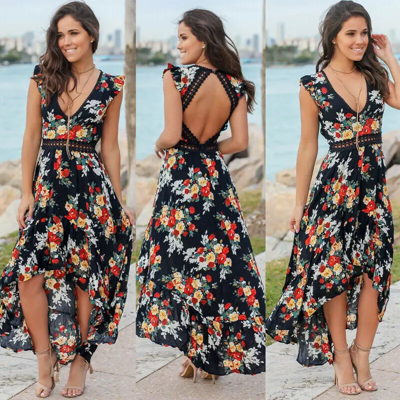 

New Arrival Sexy Women Floral Print Maxi Dress Prom Evening Party Summer Beach Backless Casual Long Sundress
