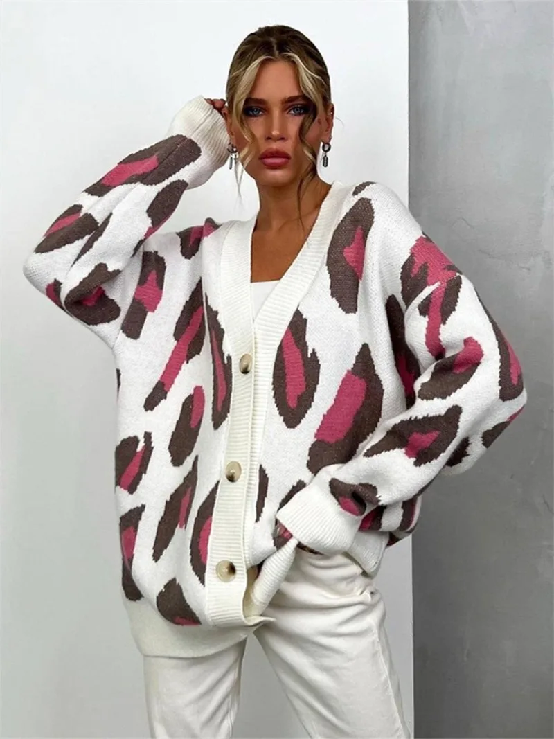 

Leopard Print Cardigan Women 2023 Autumn Winter V-neck Long Sleeve Sweater Knitwears Y2K Single Breasted Knit Coats Streetwear