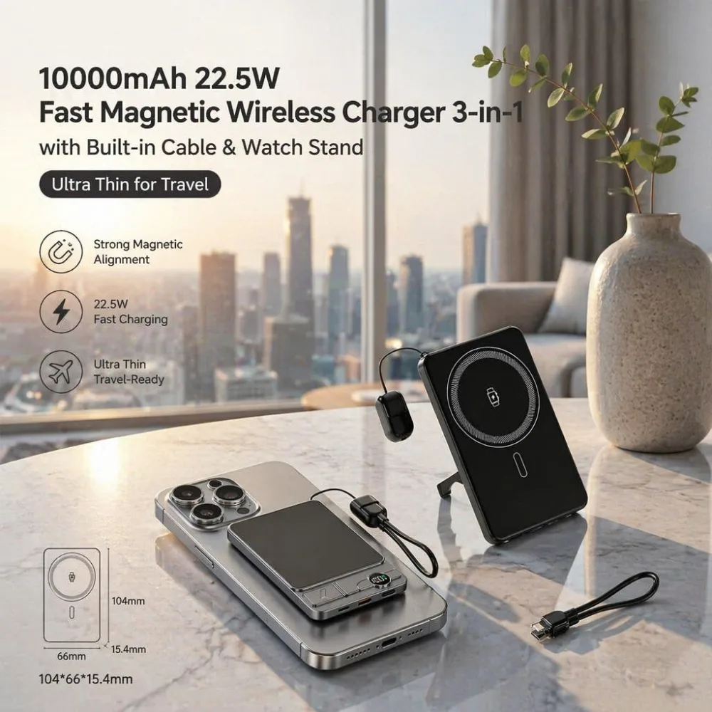 Фото Магнитный Power Bank 20000 мАч, быстрая зарядка 22.5 Вт, беспроводное зарядное устройство 3-в-1 со встроенным кабелем, подставка для часов, ультратонкий, для путешествий №1