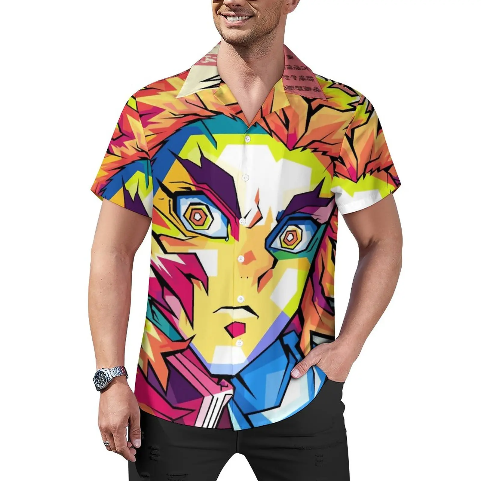 

Рубашка для отпуска с изображением Демонов и Slayer, летние повседневные рубашки с принтом Rengoku kyoпрорисовки, мужские крутые блузки, графическая одежда с коротким рукавом, женская