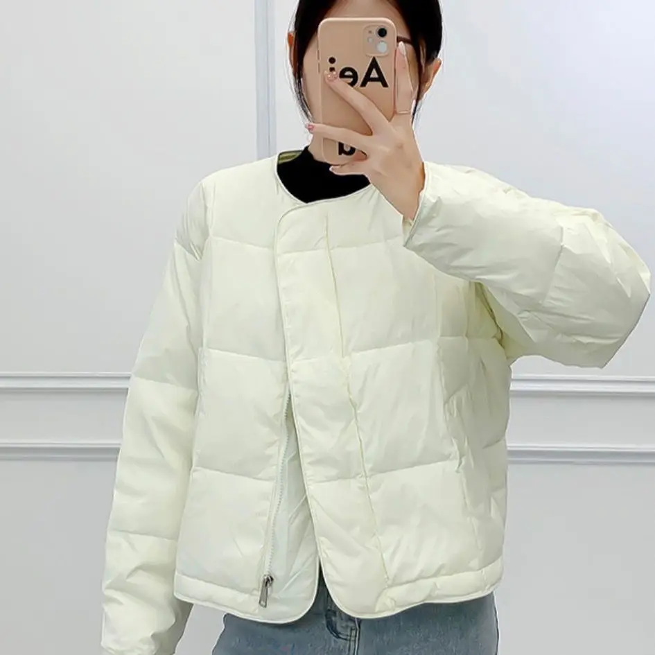 2023 Autumn Winter Women White Duck Down Coat Short Zipper Jacket Casual Female O-neck Collar Pocket Down Fashion Overwear C20