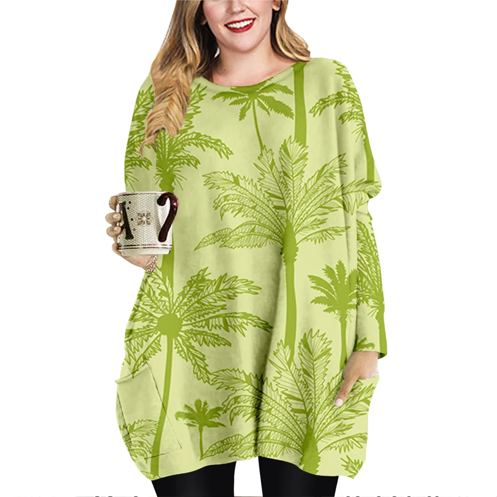 

Женское мини-платье с круглым вырезом, длинным рукавом и принтом кокосового дерева