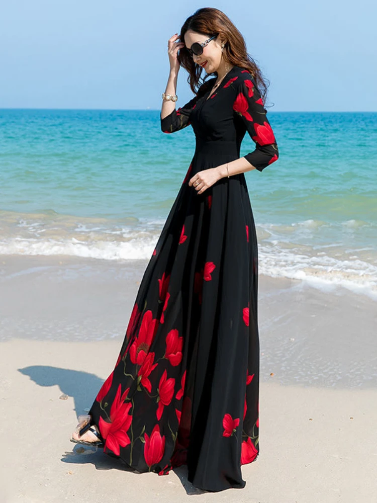 Женское шифоновое платье с цветочным принтом Черное длинное пляжное облегающее