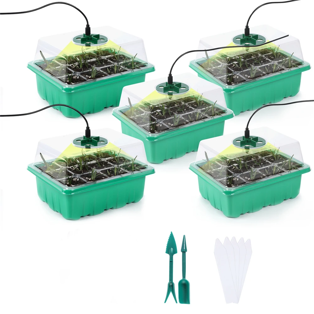 5Pack/Set Reusable 12Holes Nursery Pots with LED Grow Light Seed Starter Tray Adjustable Humidity Greenhouse Seed Growing Pot