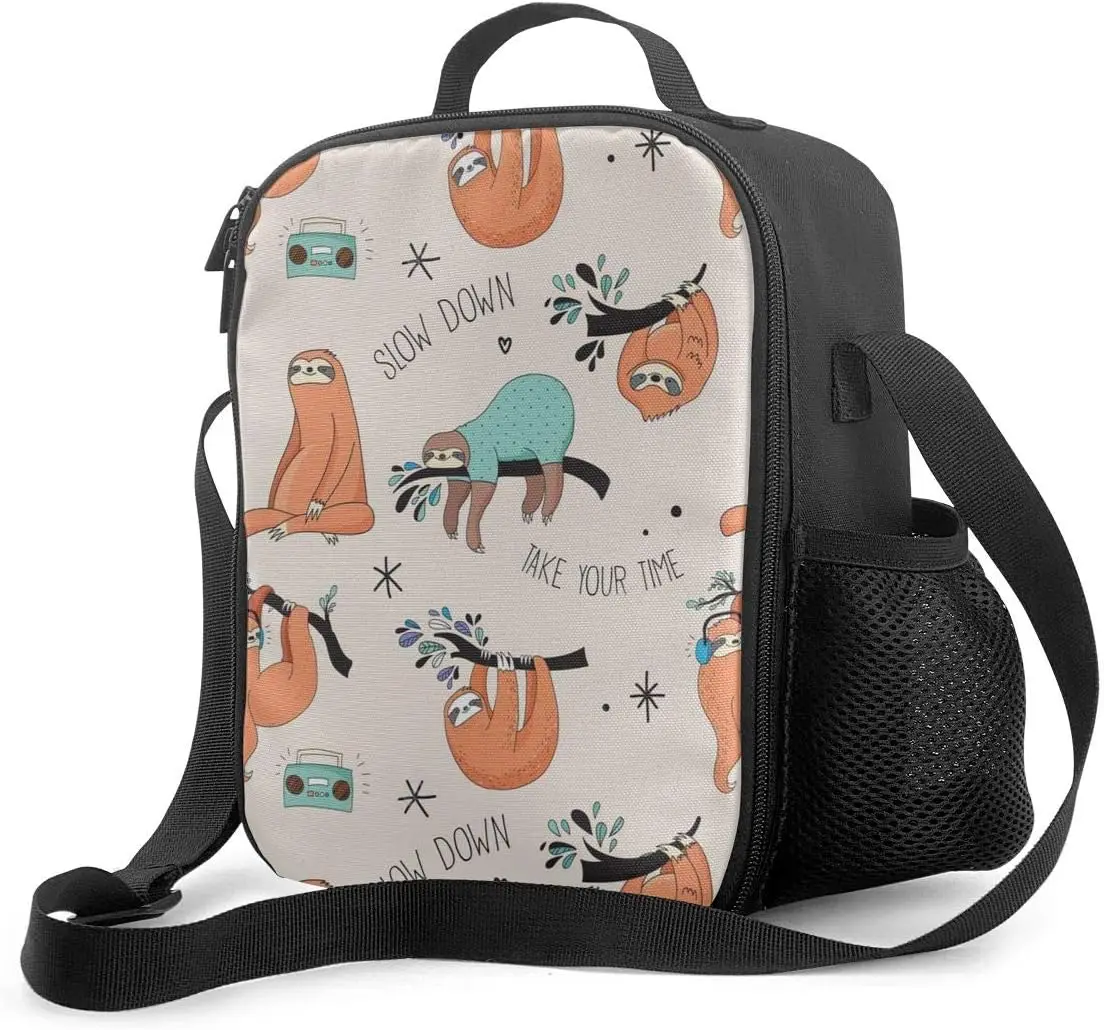 Sloth Take Your Time Insulated Lunch Bag,Reusable Tote Lunch Box with Water Bottle Holder and Adjustable Shoulder Strap School