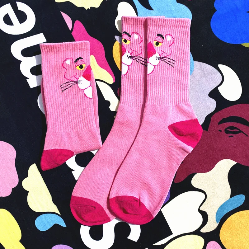 1 pair Women sock Pink Leopard Head Crew Socks Naughty Cotton Ins Fashion Pink Panther Socks Trendy Personality Street Wear Sock