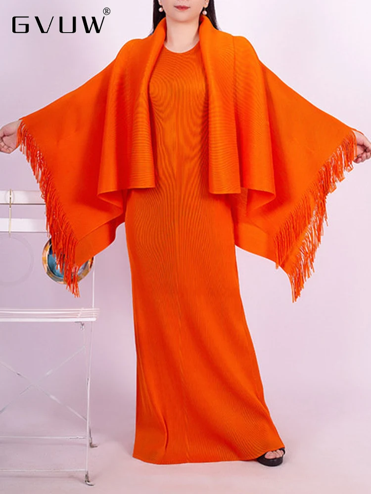 

GVUW Pleated Two-piece Sets Women's Fashion Long Bottom Dresses Solid Color Lace-up Fringed Cape Autumn 2023 Female Set 17J1604a
