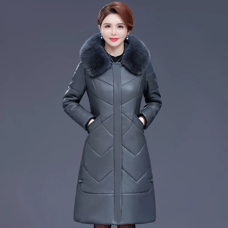 

Зимние кожаные куртки, женские толстые верблюжьи парки с капюшоном, зимнее пальто для женщин среднего возраста, Модная элегантная женская верхняя одежда с меховым воротником