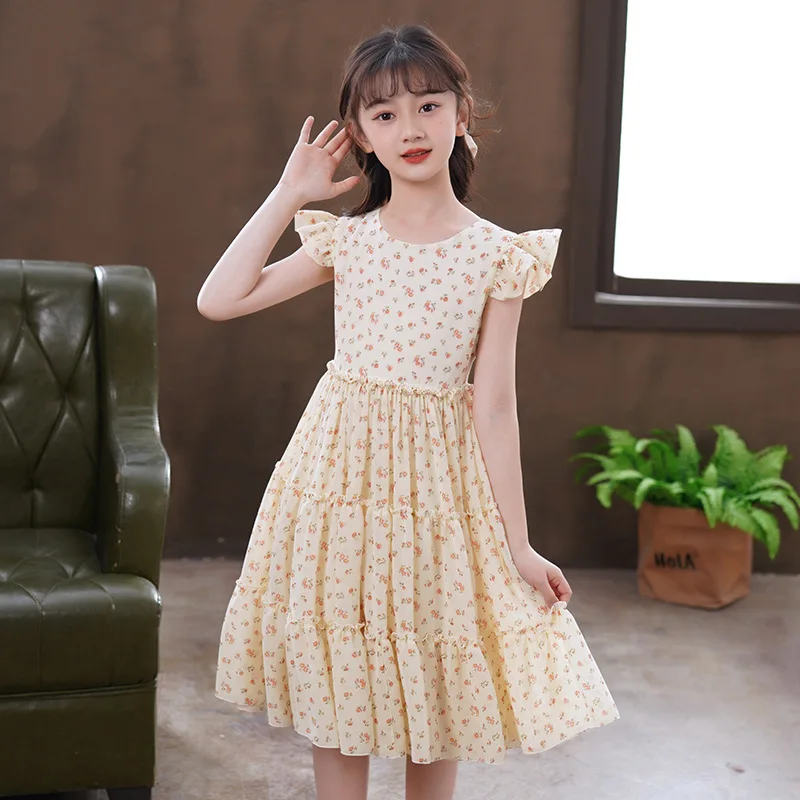 

Летние костюмы принцессы цвета шампанского с цветочным принтом, милые платья для девочек, модная детская одежда без рукавов