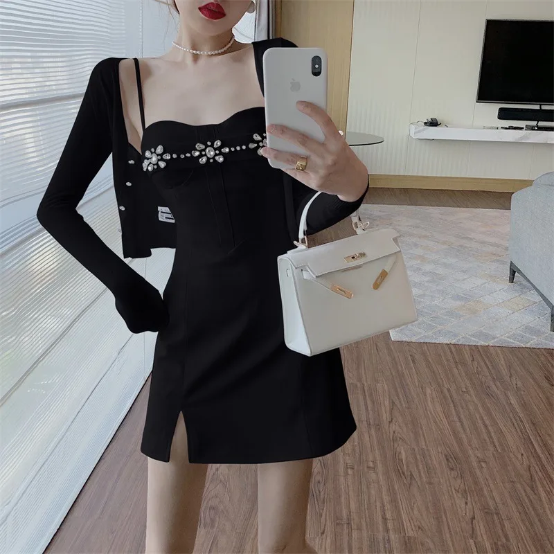 

Fashion Two Piece Sets Women Sexy Suspender Dress + Shirt 2 Pieces Sets 202 Summer Ladies Bodycon Diamonds Mini Club Dress Sets