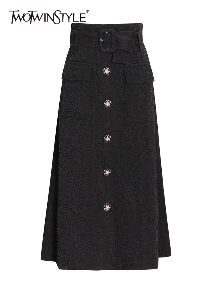

TWOTWINSTYLE Black Casual Skirt Female High Waist Patchwork Single Breasted Sashes Lace Up Mid Skirts For Women 2022 Spring New