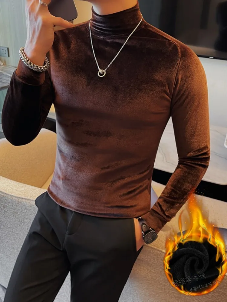 Зимняя корейская рубашка приталенного кроя мужская с высоким воротником и