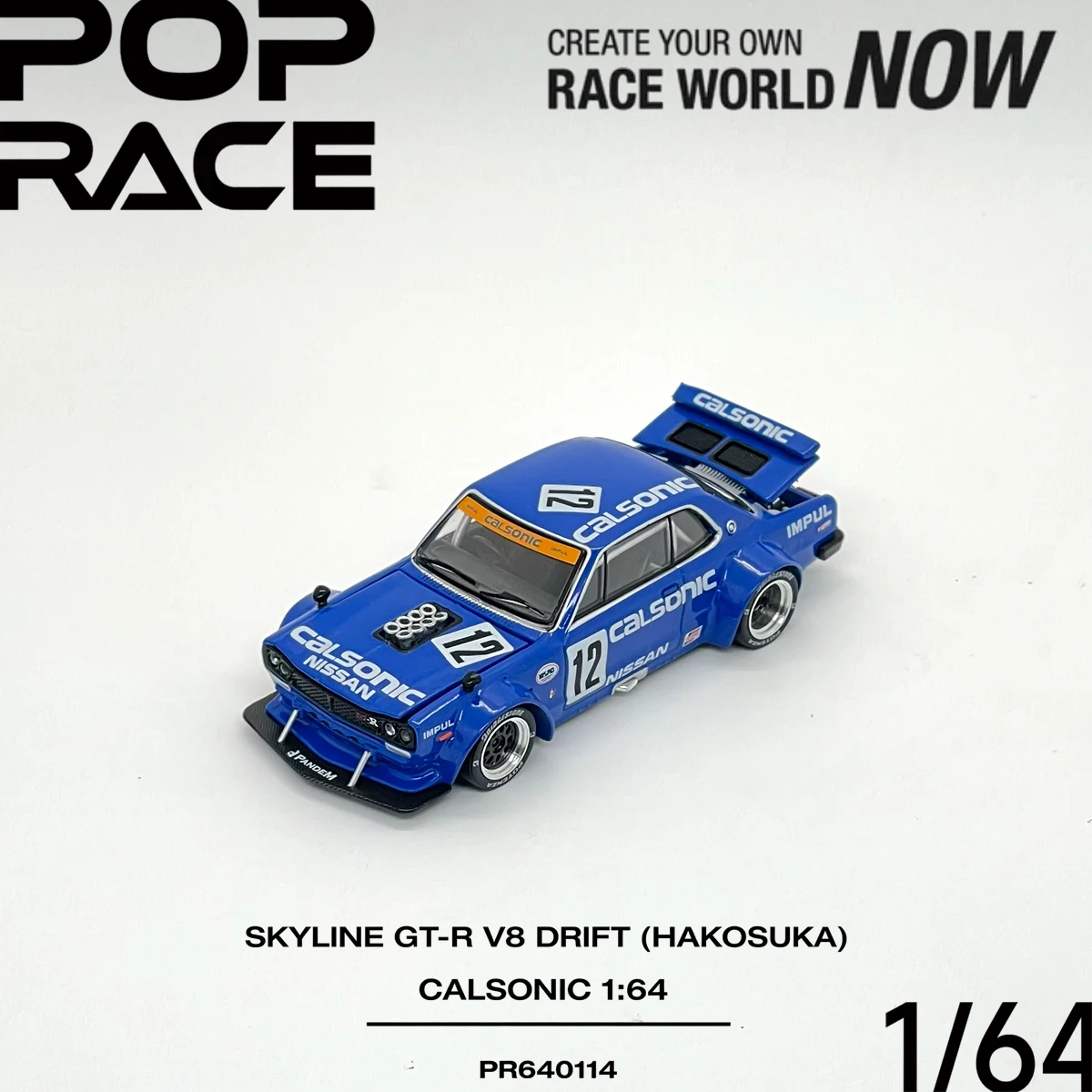 Фото В наличии JDM Pop Race PR640114 1:64 Skyline GT‑R V8 Drift Hakosuka Calsonic Widebody Open Parts Коллекционная модель автомобиля из сплава №2