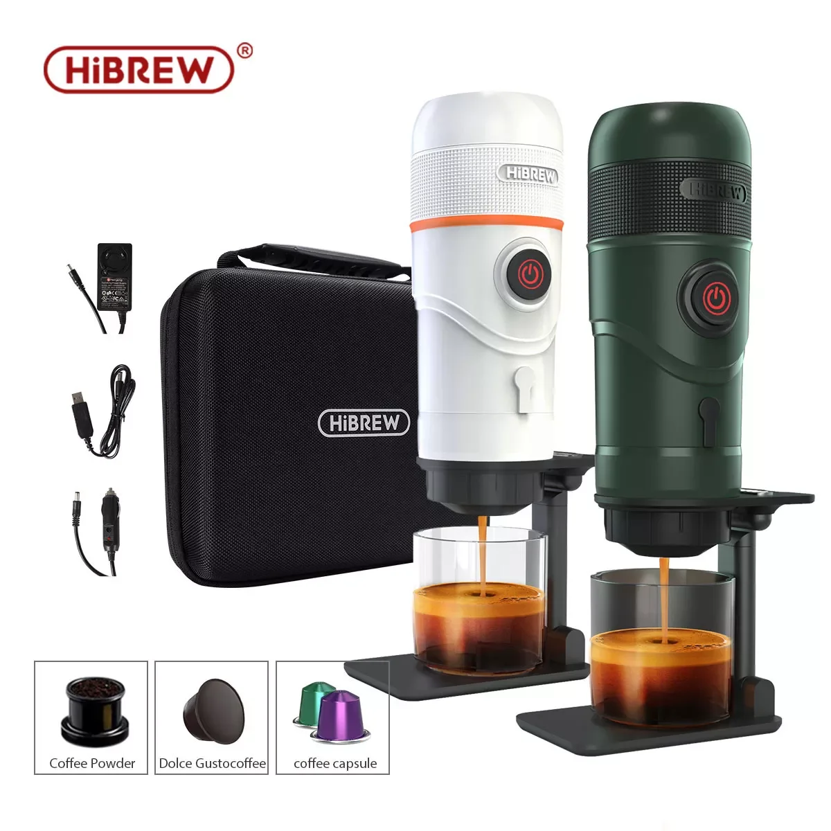 HiBREW Green&White Portable Espresso Coffee Machine for Car & Home Nespresso Dolce Gusto Ground coffee Maker H4